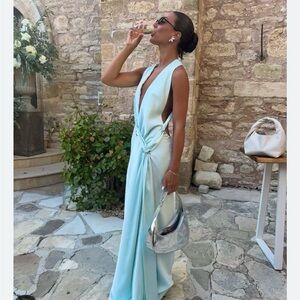 Sleek Pale Blue Halter Maxi Dress with Knot Detail